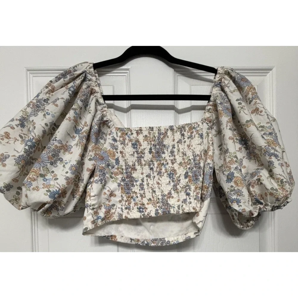 Abercrombie & Fitch Puff Sleeve Poplin O-Ring Cropped Floral Top XS - Picture 2 of 8